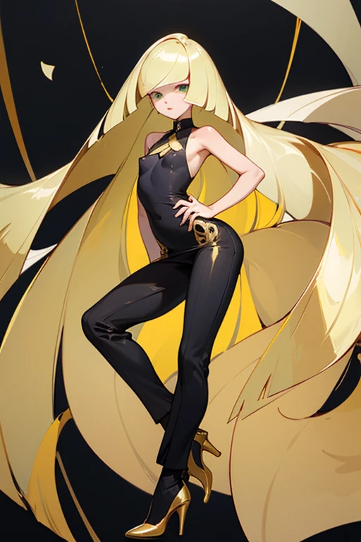 ((highest quality)), ((masterpiece)), (be familiar with), {{nsfw}},Lusamine,Slender,slender,long blonde hair,small breasts,erect nipples,adult women,green eyes,slanted eyes,sleeveless dress,black dress,high heels,Bewitching
