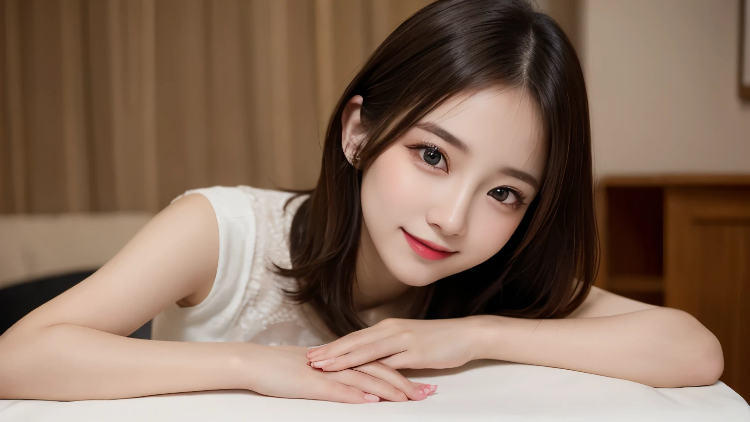 On the table, best quality, shape, Ultra Detailed, Finely, high resolution, 8k wallpaper, 完璧なダイナミックな構shape, Beautiful and delicate eyes, Medium Length Hair, Small Breasts, Natural lipstick, Casual sexy pose,Smile,20 year old girl、midnight、Beautiful and detailed face、Perfect beautiful face,big eyes、original photo、Expressing female posture using the whole body、Beautiful and delicate eyes、Small face、Beautiful duplex、Facelift and style,skirt、Beautiful golden ratio face,Long hair