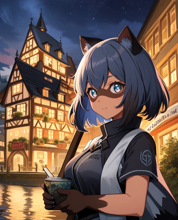 1 girl, Raccoon girl, Allein, pelzig,pelzig female, michiru_kagemori, Blaue Haare,kurzes Haar, mehrfarbige Augen, tierische Nase,dreieckige Nase, Tierohren, (Schwanz), (bushy Schwanz:0.7), zweifarbige Haut, brown colored hands, Meisterwerk, best quality, Happy, Betrachter betrachten, Stadt, regnet, Neonlichter, Wolken, Nacht, deSchwanzed eyes