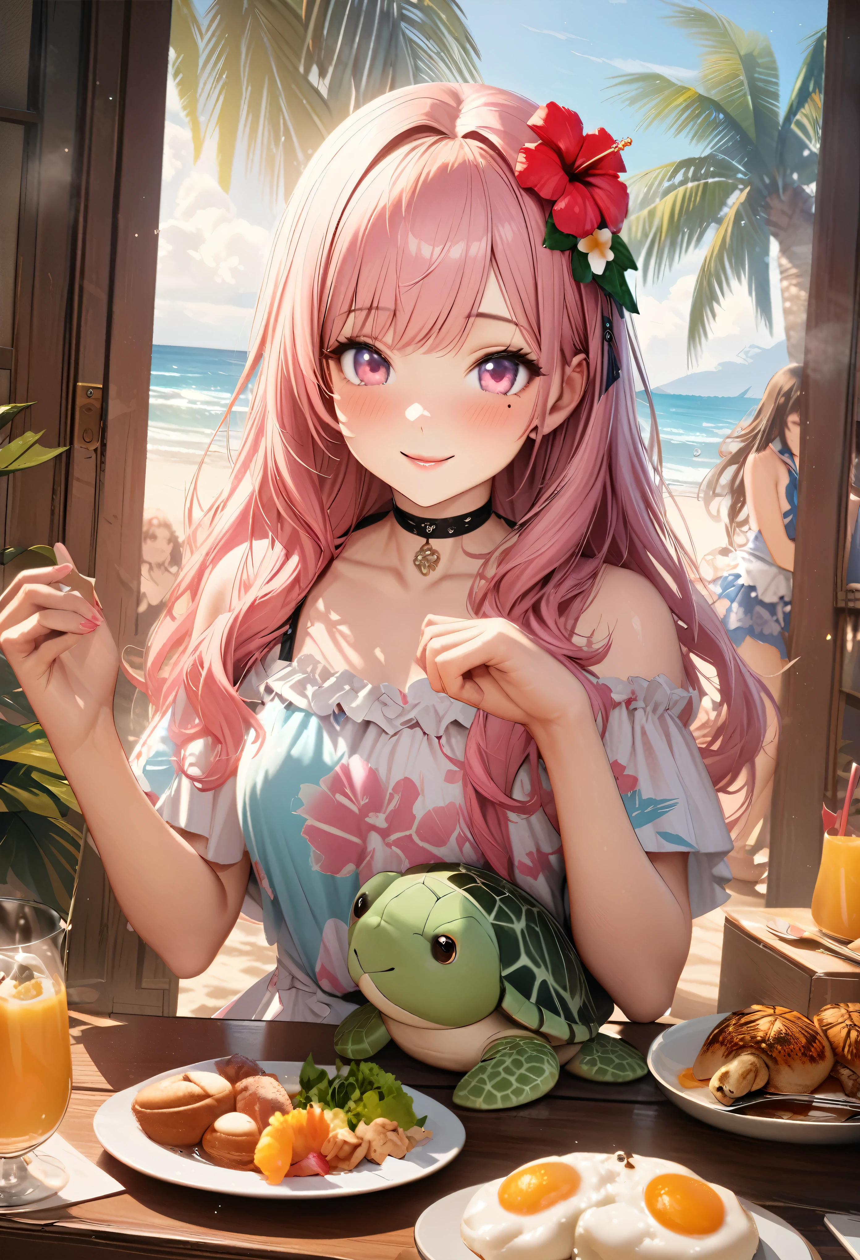 Masterpiece, Best Quality, Highly Detailed, High Definition, High Definition, High Definition, 4k, 8k, Unity 8K Wallpaper, Highly Detailed CG, Masterpiece, Realistic, Beautiful Details, Depth, Fine Texture, Best Quality: 1.3, Total concentration, perfect skin, boyfriend, very cute anime, cute like an idol, tall pink semi-long hair, one girl, Hawaiian dress, cute stuffed rabbit, stuffed sea turtle, palm tree, greeting, hibiscus hair decoration, smile, morning, breakfast, long pink hair, whole body, mole under the eye, gaze, high, blush, lips parted, his art, pink eyes, choker
