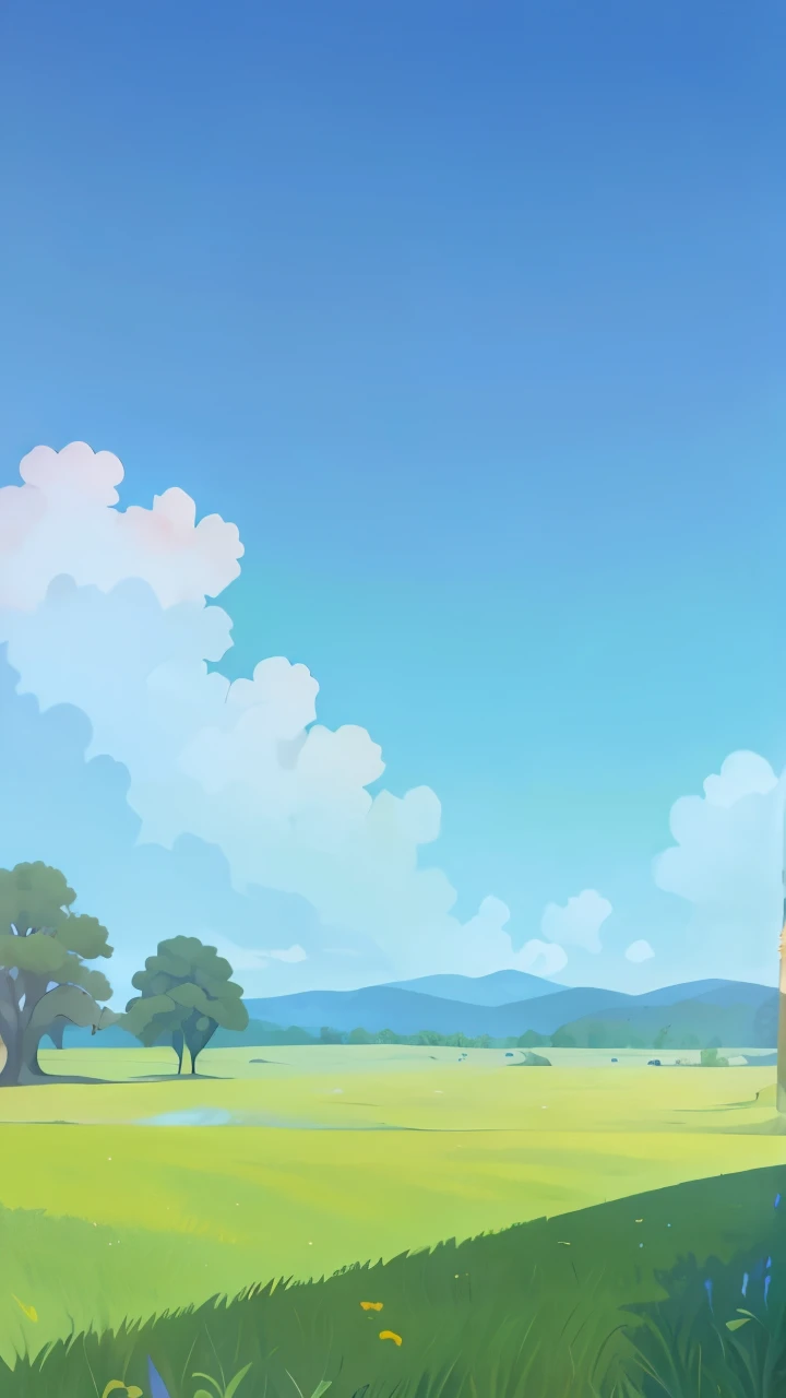 Sunny weather, (wood in the distance:0.5), no humans, sky, (((A flat grassland))), (the grassland has no shadows), outdoor, sky, (blue sky),light green background, painting, game CG, best quality, Creating a relaxing landscape, Saturated colors