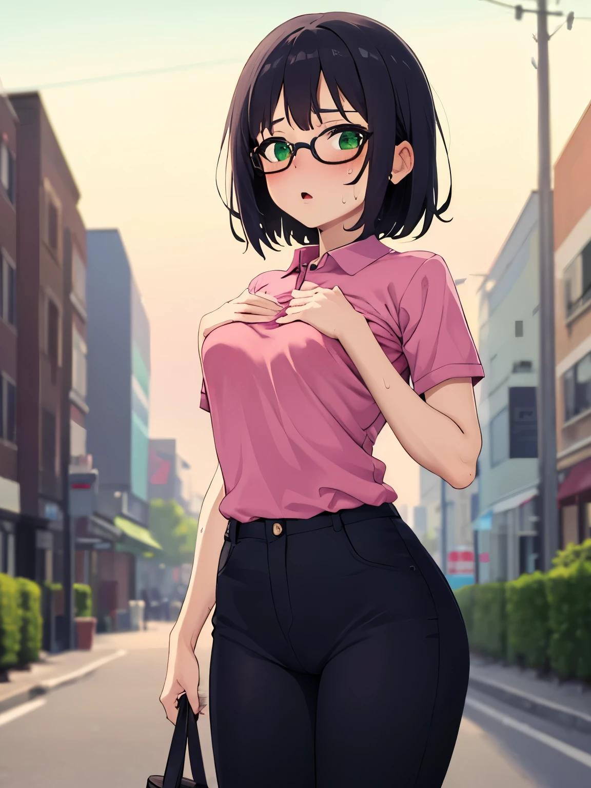 breast enhancement ,De metamorphosis、Small breasts,Black Hair,short hair,Green Eyes, Black-rimmed glasses,(Pink polo shirt,Short sleeves, skin-colored pants underneath) ,(Sweaty skin:1.1), Outdoor,(High resolution, high quality:1.1), Intricate details, One girl, medium butt, clothes are transparent, in the street, hands on chest, no bra, hot, embarrassed, bra stolen
