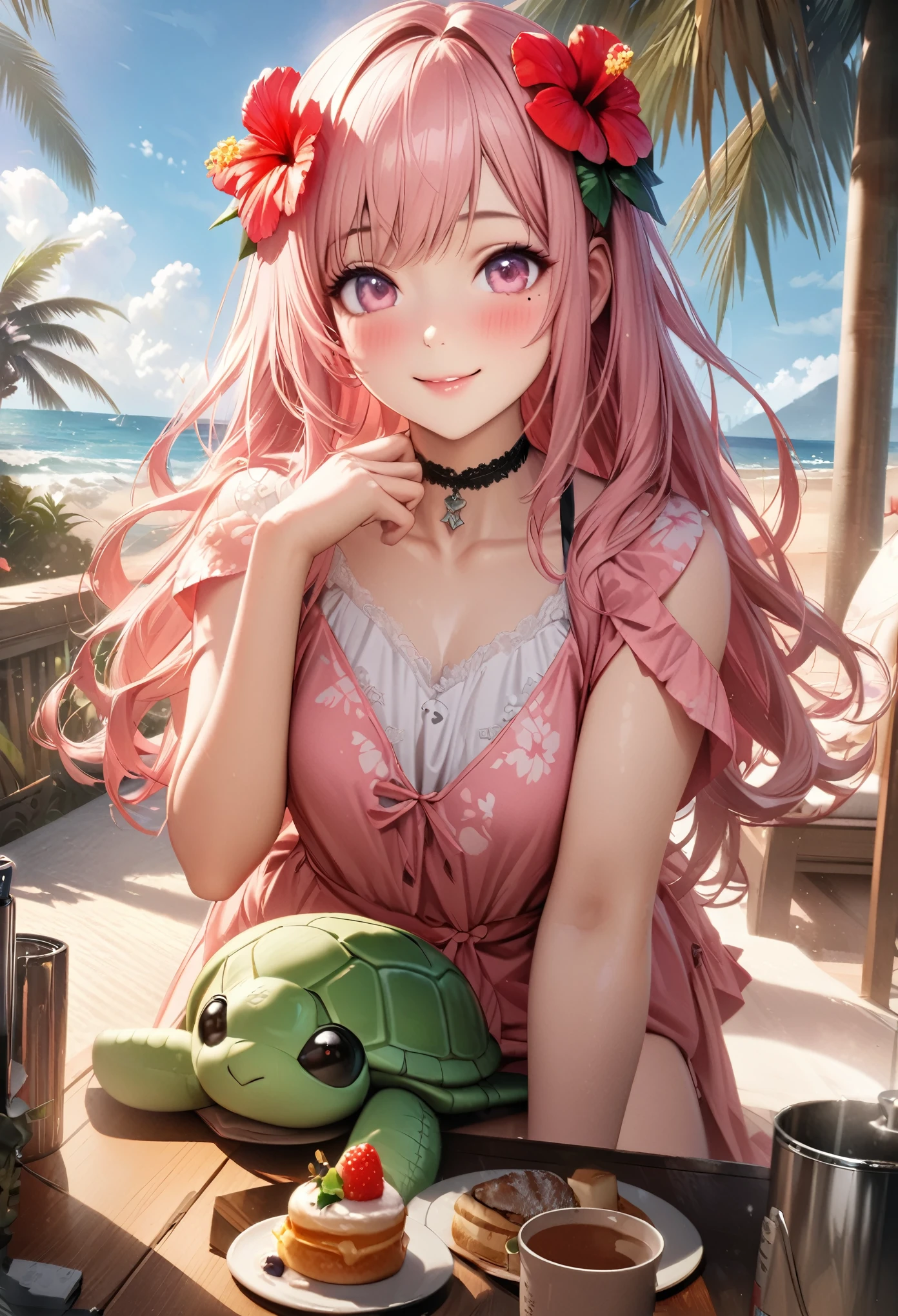 Masterpiece, Best Quality, Highly Detailed, High Definition, High Definition, High Definition, 4k, 8k, Unity 8K Wallpaper, Highly Detailed CG, Masterpiece, Realistic, Beautiful Details, Depth, Fine Texture, Best Quality: 1.3, Total concentration, perfect skin, boyfriend, very cute anime, cute like an idol, tall pink semi-long hair, one girl, Hawaiian dress, cute stuffed rabbit, stuffed sea turtle, palm tree, greeting, hibiscus hair decoration, smile, morning, breakfast, long pink hair, whole body, mole under the eye, gaze, high, blush, lips parted, his art, pink eyes, choker