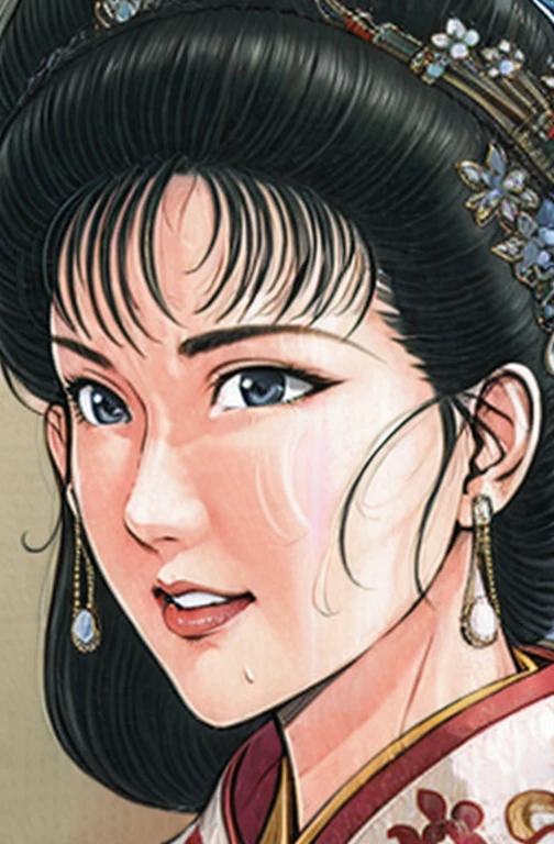 (best quality), (very aesthetic), (ultra-detailed), (best illustration),NSFW,a mature female,Perfect Face,Suikoden,Mrs. Lin,(full_body),big breast,red cheek,Sweating,skinny, chinese traditional clothes,chinese traditional style bed,Has a surprised look on his face,Aori perspective composition,