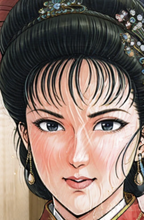 (best quality), (very aesthetic), (ultra-detailed), (best illustration),NSFW,a mature female,Perfect Face,Suikoden,Mrs. Lin,(full_body),big breast,red cheek,Sweating,skinny, chinese traditional clothes,chinese traditional style bed,Has a surprised look on his face,Aori perspective composition,