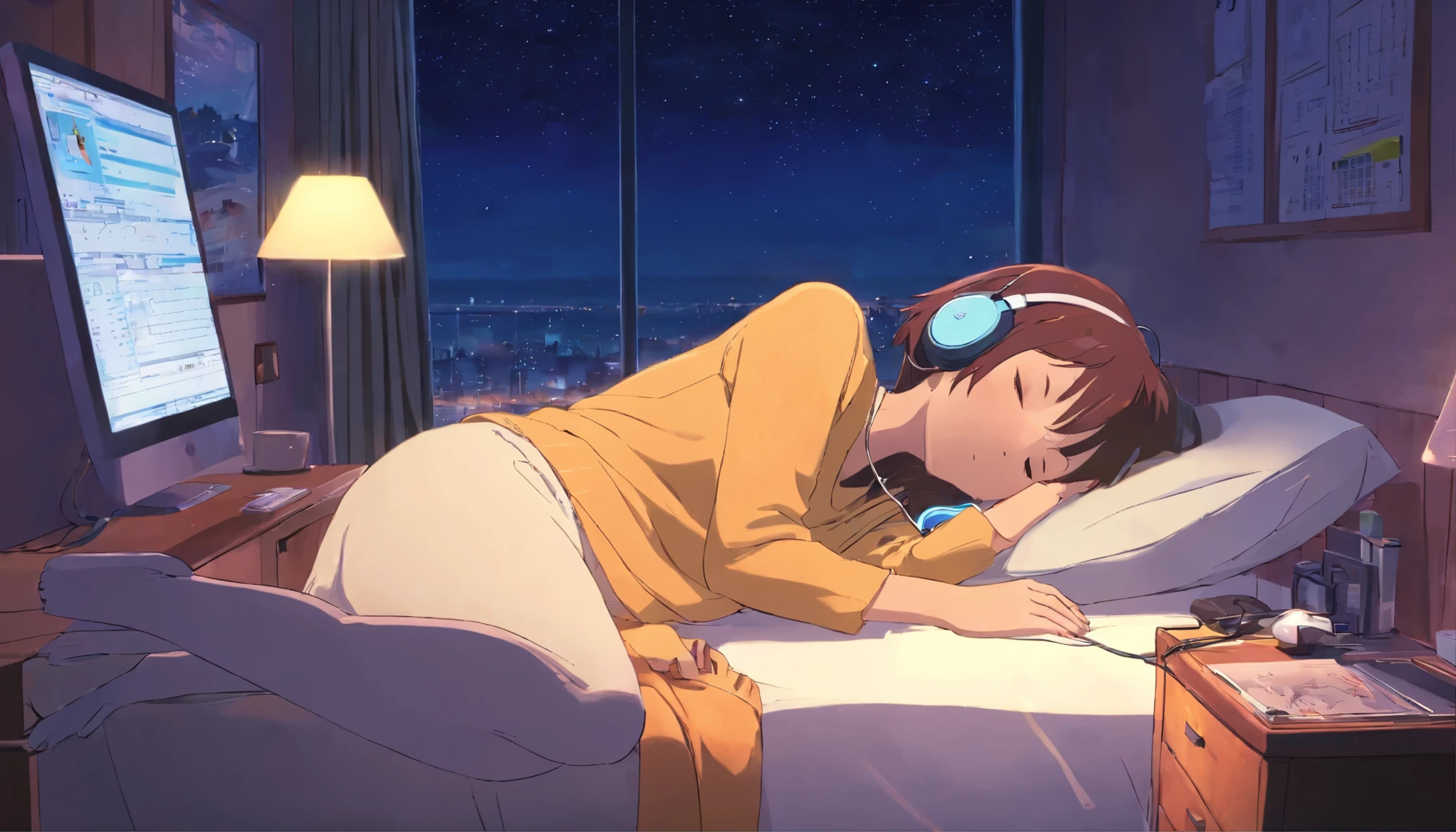 night、Girl sleeping in a comfortable room, Using headphones, 2D Style Anime, Lo-Fi, hard disk, Dark Environment