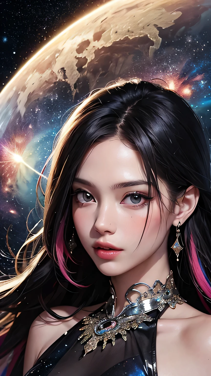 A sorceress in a cloud universe と shining stars and galaxy, She has tattoo symbols encircling her arms - glowing - and is wearing an elegant, flowing dress, Surrounded by vibrant and colorful light particles, Heaven opens to a galactic vortex. Portrait Scene. she (Beautiful details) Eyes and (Beautiful details) lips. This dress is made of lightweight material.. The girl's hair is flowing down (Loose and natural) curl, Add to she (Gentle and easy-going) exterior.
