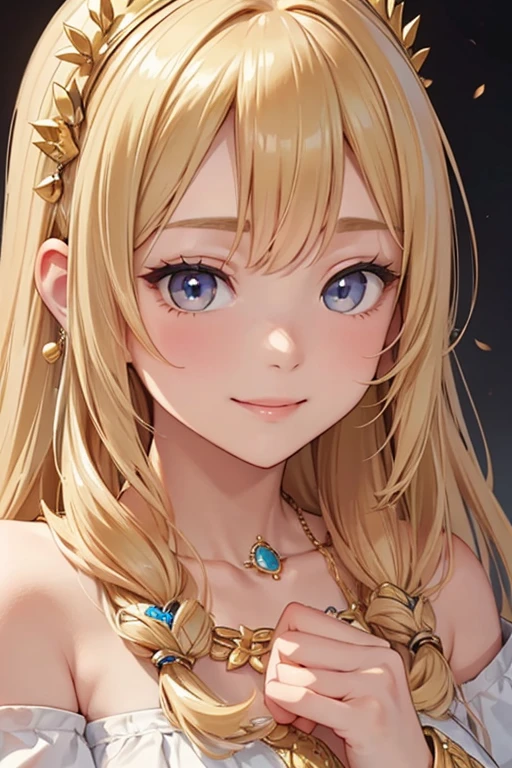 masterpiece、top-quality、(Blonde colored long hair、I have bangs:1.1)、25 year old woman with gold eyes、wearing a gold off-shoulder dress、(Emphasis on the chest:1.1)、(modest smile expression:1.3)、(Staring:1.5)、(Close-up of the subject's face:1.3)、is standing、five perfect and beautiful fingers、place the camera over the subject、The background is the party venue、Bold composition、Upper body is shown、Alone、Gold bracelet、Gold necklace with blue gemstone
