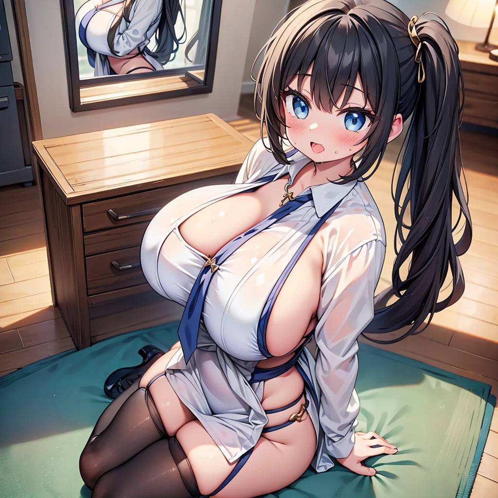 highest quality,wonderful,finely,extremely detailed CG Unity 8K wallpaper, (Stand in line:1.2), (3 girls, cute eyes, Black Hair, side ponytail, clothed), (sparkling eyes:1.2), (huge breasts:1.6), (wariza:1.4), (cleavage), (open mouth:1.1), (long tongue:1.1), (mouth drool:1.1), (black stockings:1.1),(Thighs:1.2),(Waistline:1.1),(Waistline), (From above:1.4)
