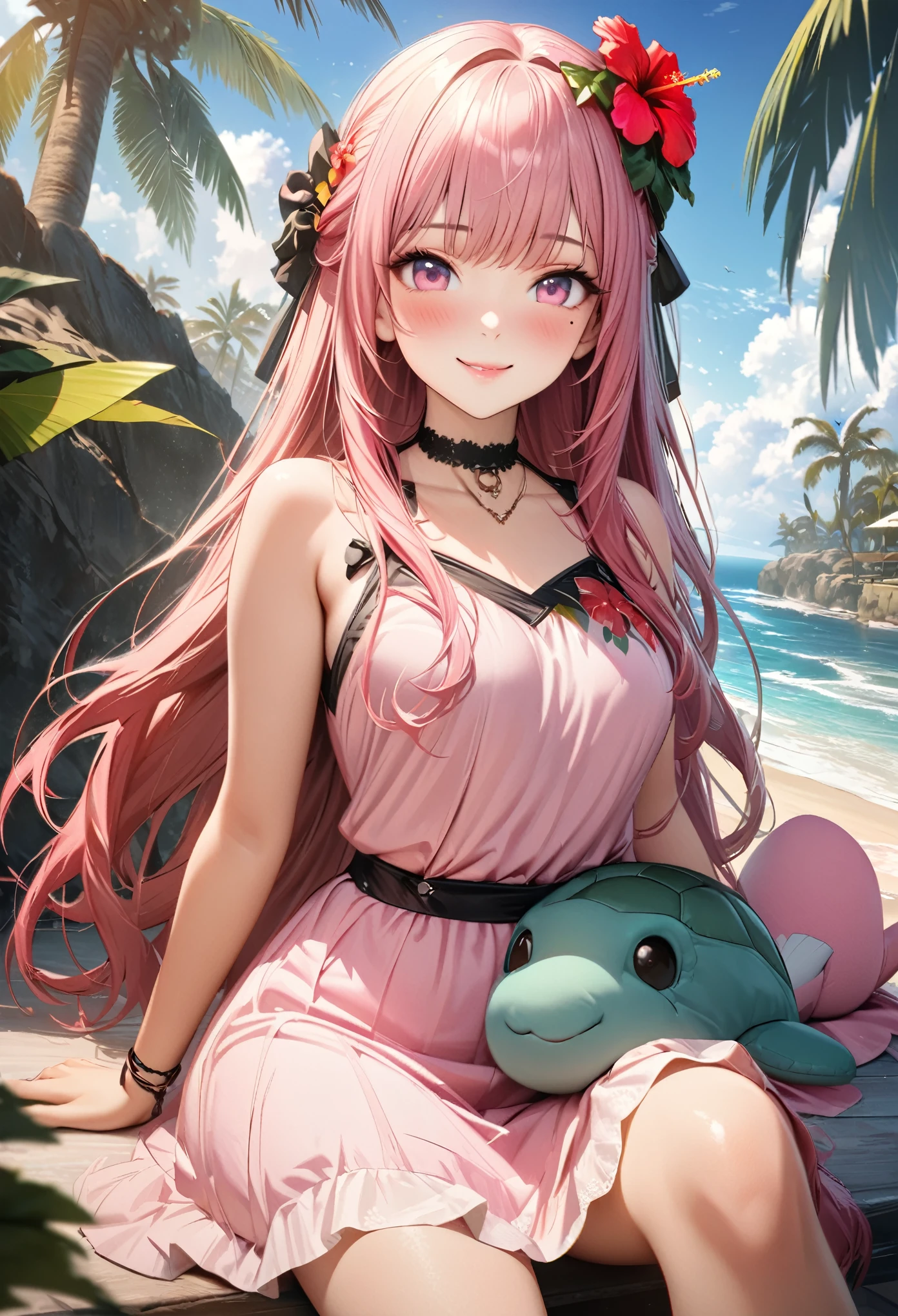Masterpiece, Best Quality, Highly Detailed, High Definition, High Definition, High Definition, 4k, 8k, Unity 8K Wallpaper, Highly Detailed CG, Masterpiece, Realistic, Beautiful Details, Depth, Fine Texture, Best Quality: 1.3, Total concentration, perfect skin, boyfriend, very cute anime, cute like an idol, tall pink semi-long hair, one girl, Hawaiian dress, cute stuffed rabbit, stuffed sea turtle, palm tree, greeting, hibiscus hair decoration, smile, afternoon, coffeetime,long pink hair, whole body, mole under the eye, gaze, high, blush, lips parted, his art, pink eyes, choker