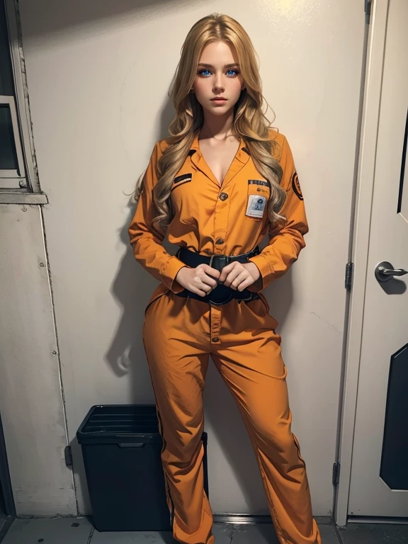 Beautiful young white girl wearing a tight old synthetic sexy orange tangerine prison jumpsuit, long wavy blonde hair, Hands are handcuffed, tight black belt, pale skin tone, orange jumpsuit, (thin girl: 1.6), jail, inmate, black boots, transport belt, side swept hair, standing still, long sleeves, beautiful blue eyes, model pose, hands are handcuffed and tied to her transport belt, inside a prison cell, looks at the viewer, serious look, full body, beautiful young face, sexy, attractive look, tight jumpsuit, sexy jumpsuit, old jumpsuit, thinking about sex, filthy jumpsuit, very attractive, hands at waist, tangerine orange jumpsuit, visible buttons, visible head, synthetic jumpsuit, tangerine, looking at viewer