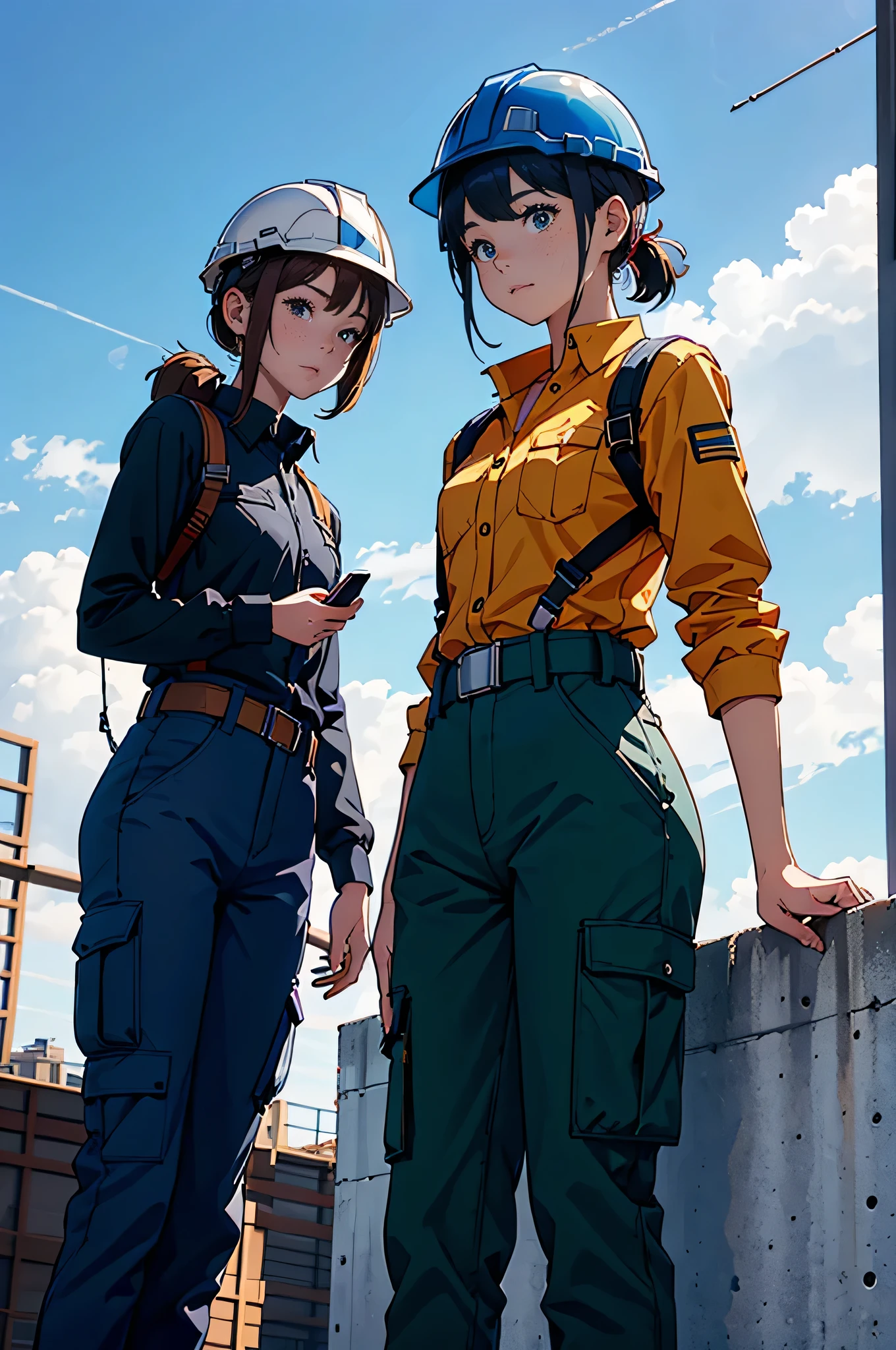 (best quality, highres), two girls working on a construction site, long-sleeved shirt, cargo pants, safety helmet, work belt, high altitude safety harness, they are checking the progress of the construction with an tablet device. ,a girl in a suit wearing a safety helmet. , they are a meeting., under the blue sky.