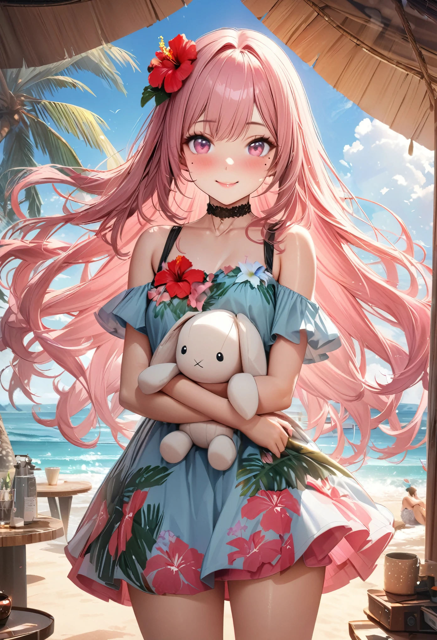 Masterpiece, Best Quality, Highly Detailed, High Definition, High Definition, High Definition, 4k, 8k, Unity 8K Wallpaper, Highly Detailed CG, Masterpiece, Realistic, Beautiful Details, Depth, Fine Texture, Best Quality: 1.3, Total concentration, perfect skin, boyfriend, very cute anime, cute like an idol, tall pink semi-long hair, one girl, Hawaiian dress, cute stuffed rabbit, stuffed sea turtle, palm tree, greeting, hibiscus hair decoration, smile, afternoon, coffeetime,long pink hair, whole body, mole under the eye, gaze, high, blush, lips parted, his art, pink eyes, choker