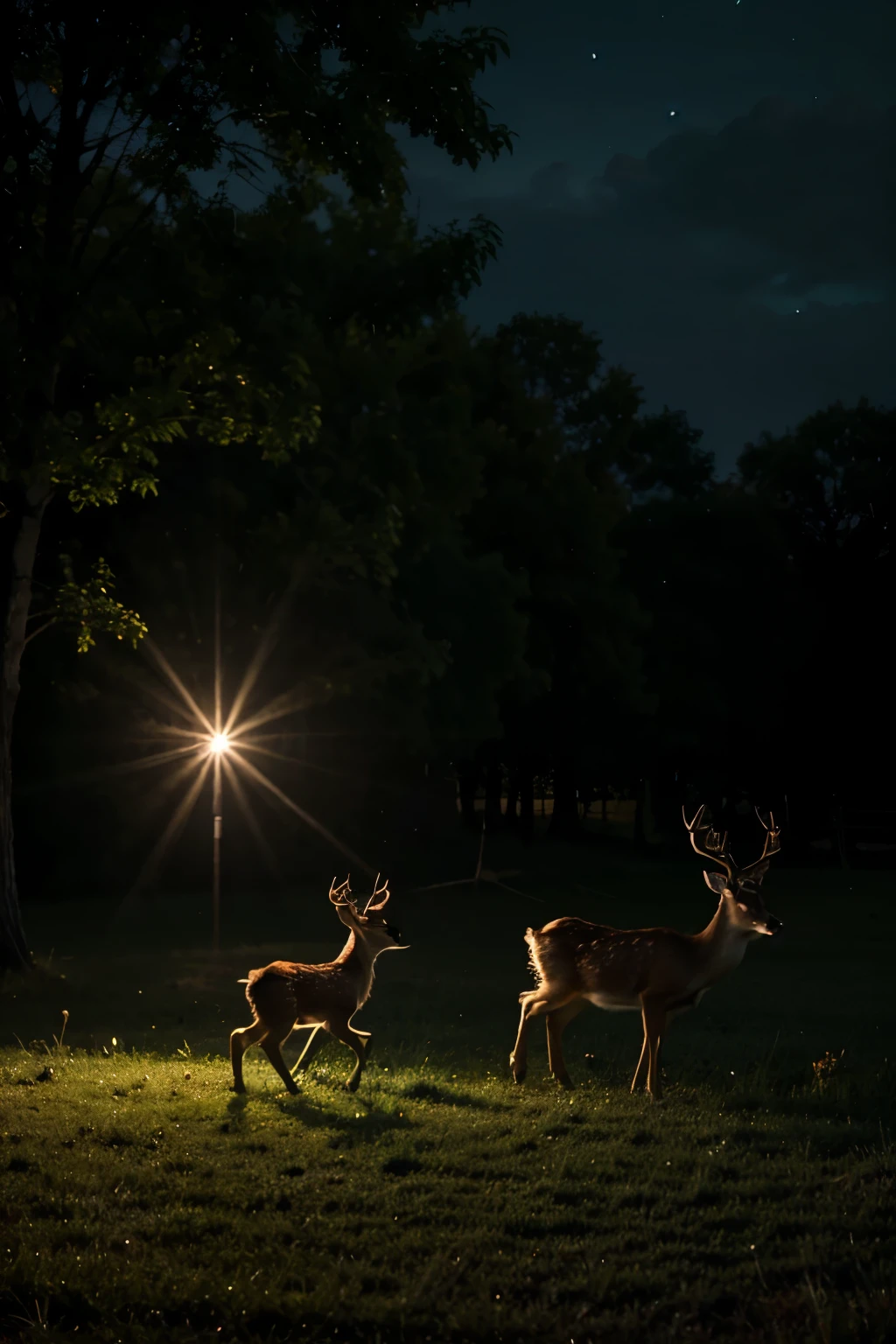 give me animal like deer with baby deer running with dark light, like at night, from side