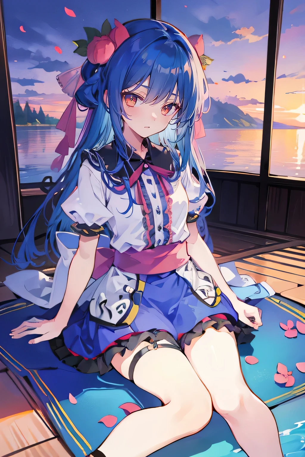 (best quality, masterpiece:1.2), expressive eyes, perfect face, 1 girl, hands on waist, beautiful, gorgeous, Japanese animation, Lola, Hinamori Angel, blue hair, floating clothes, waist grab, waist grab, hands on hips, sitting, sitting on the ground, legs on the ground, flat-chested, falling petals, sitting in a pavilion, pavilion,sunrise,Petals fall,