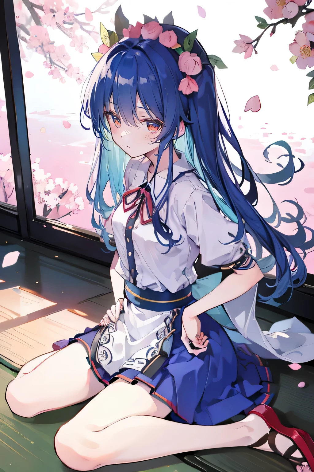 (best quality, masterpiece:1.2), expressive eyes, perfect face, 1 girl, hands on waist, beautiful, gorgeous, Japanese animation, Lola, Hinamori Angel, blue hair, floating clothes, waist grab, waist grab, hands on hips, sitting, sitting on the ground, legs on the ground, flat-chested, falling petals, sitting in a pavilion, pavilion,sunrise,Petals fall,