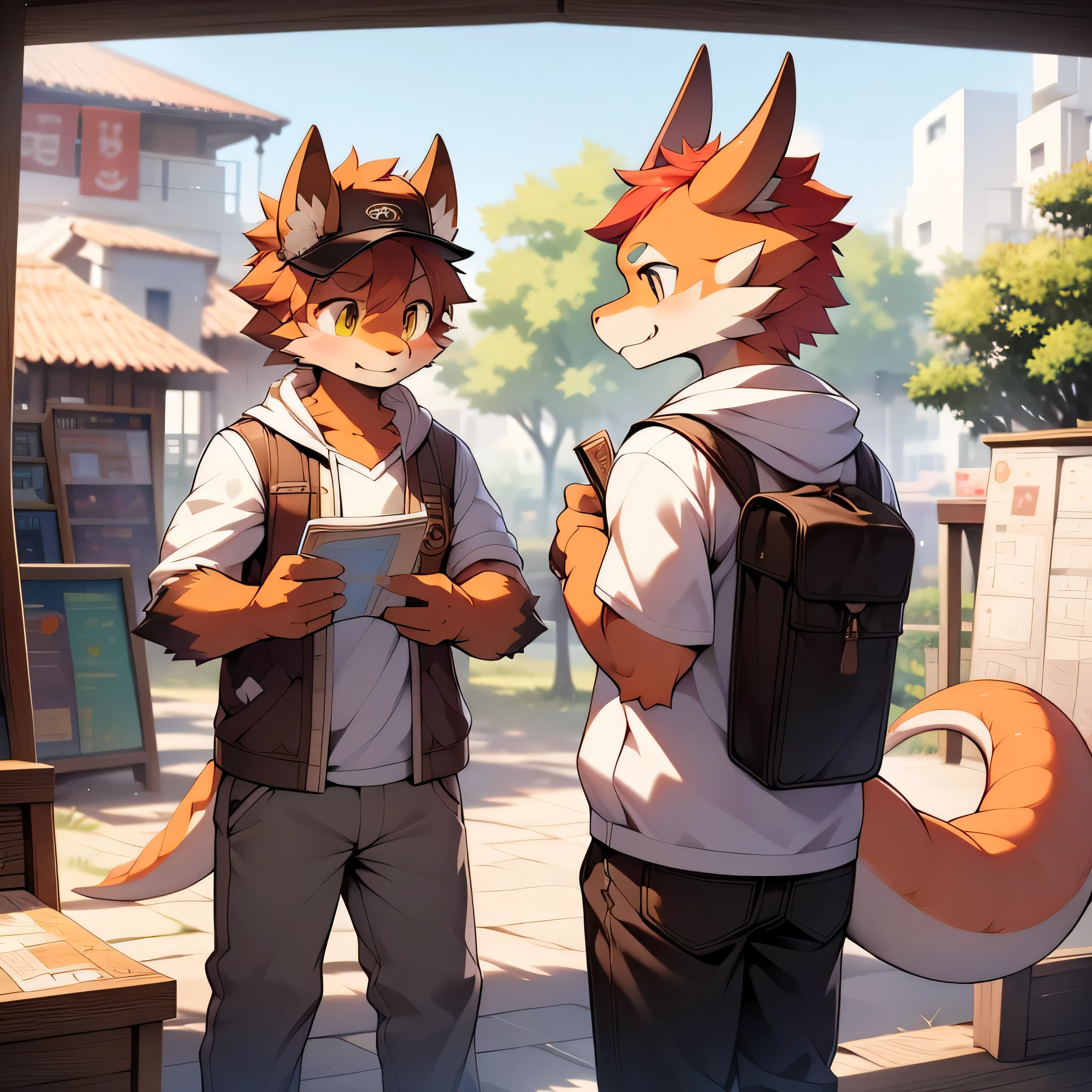 Cute dragon,Orange hair,hairy,Brown hair,White clothes,Khaki pants,Map in hand,Bow your head,Standing