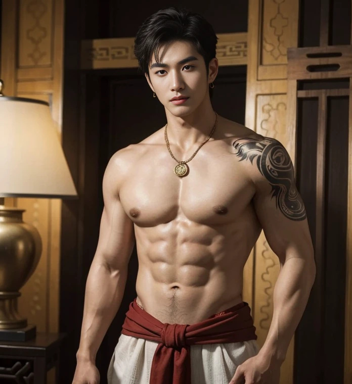 handsome boy tibetan , smiling, catching eyes , Chinese Men God, Mythology, realistic, Chinese odyssy, super Handsome,manly, kpop idol, handsome korean actor, 20 years old,, detailed face, manly jawline, manly chin, detailed mess curly styling hair, Topless, Muscles, big chest Athlete body, Full Frame,full body shoots, Sexy, realistic, human skin, tattoo breast, Professional studio Lighting, long red tibetan Outfit, jade and golden pendent all over , detailed jewery in dress, earings,Chinese ancient tibetan temple Background,out door, super detailed background,look at camera , open mouth, sexy loincloth Underneathe Underwear, tibetan Warrior, Hanfu red wedding dress, tibetan Male, tibet Nobel, Seduce , bare chest , tattoo chest, tattoo arms, tattoo hands, tattoo back, tattoo legs , detailed tattoos, big juicy butts, bare butts