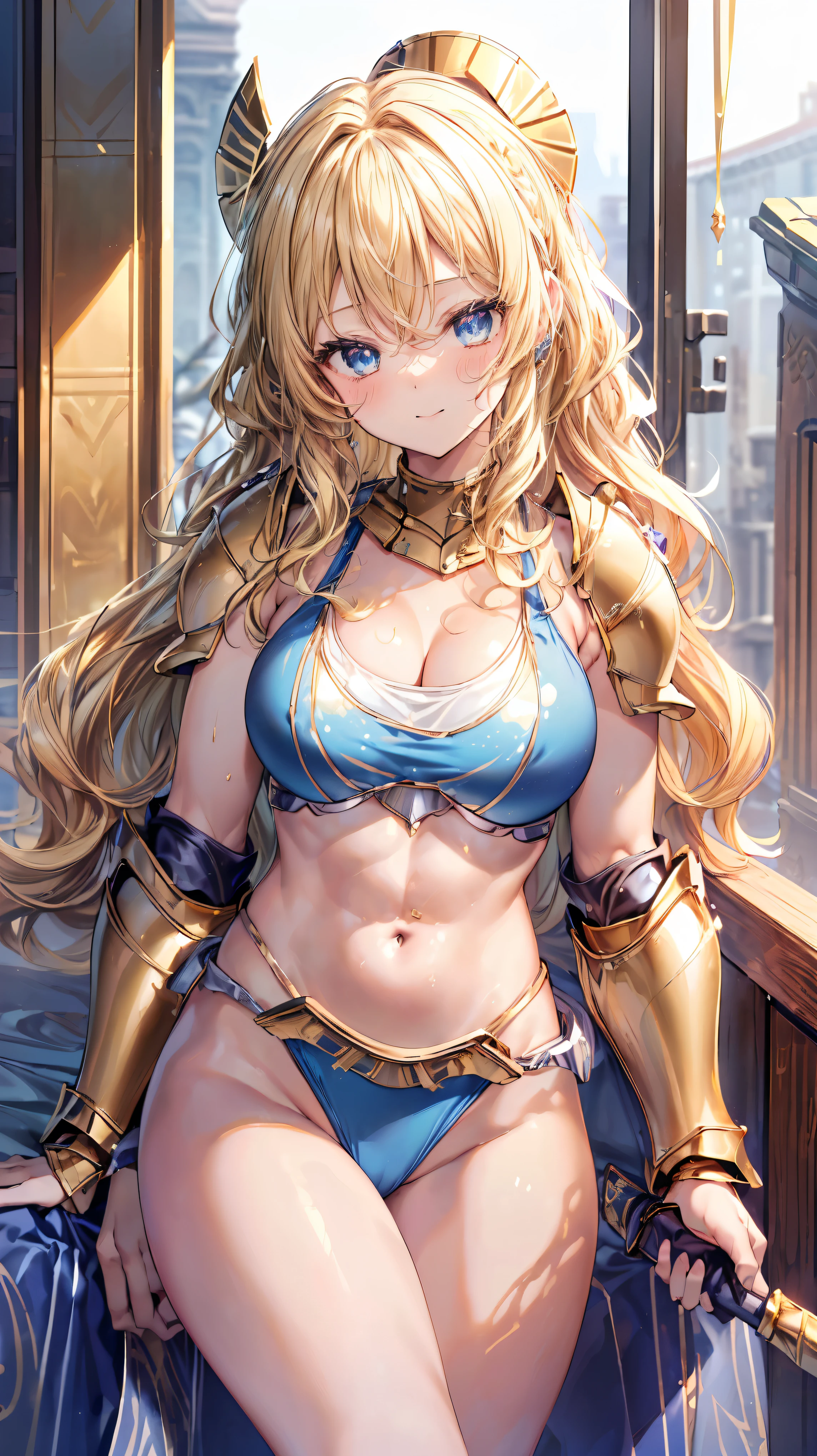 Very detailed、highest quality、Best image quality、masterpiece、8k、Anime Face、A kind smile、Open your mouth、Sparkling blue eyes、(Blonde wavy hair:1.5)、、Muscles of the whole body、camisole、Thigh belt、mini skirt、(Wearing gold bikini armor:1.5)、(Cowboy Shot:1.5)、(Leg armor:1.5)、sword