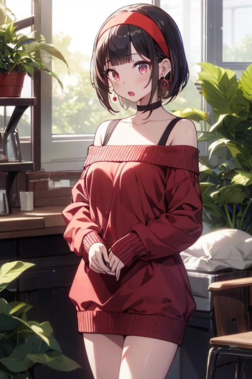 masterpiece, yor, 1girl, solo, looking at viewer, open mouth, black hair, red eyes, dress, bare shoulders, jewelry, collarbone, sidelocks, hairband, earrings, indoors, off shoulder, :o, sweater, arms behind back, plant, short hair with long locks, white hairband, off-shoulder dress, sweater dress, off-shoulder sweater, red sweater, big side hair, very long side hair,is rendered in (masterpiece: 1.2, best quality), with (ultra high resolution) and an exquisite (depth of field). This masterpiece is not only visually stunning but also tells