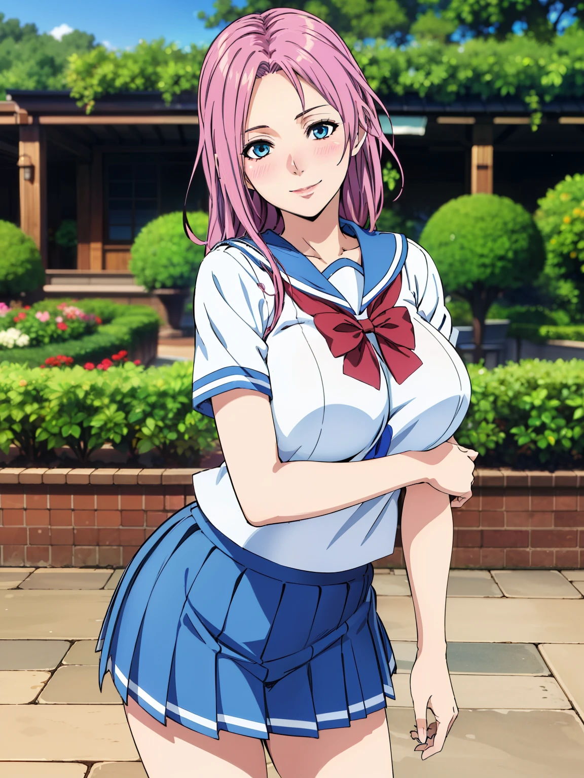 very tempting pose, (white serafuku : 1.3), blue pleated skirt, red bowtie, garden background, elise, anime cels style, best quality, high resolution, 1girl, (large breasts:1.2), beautiful face, hair tie, blue eye, cowboy shot, smiling, blush, looking at viewer