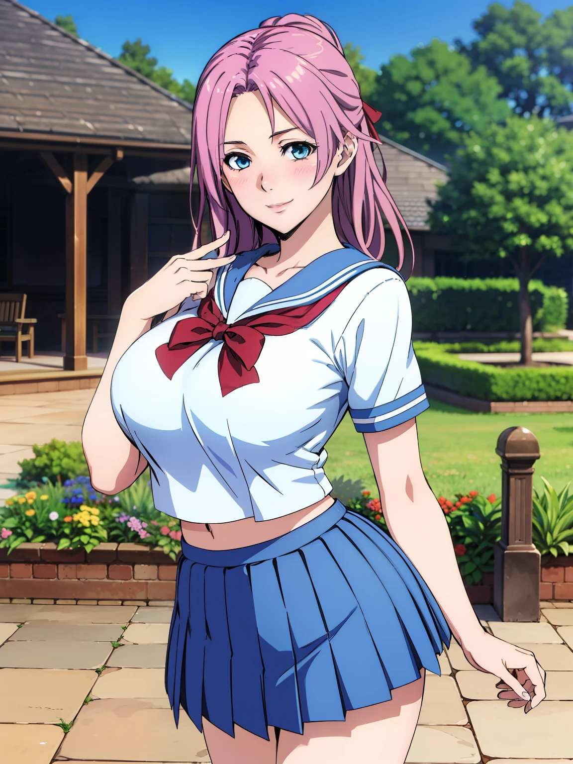 very tempting pose, (white serafuku : 1.3), blue pleated skirt, red bowtie, garden background, elise, anime cels style, best quality, high resolution, 1girl, (large breasts:1.2), beautiful face, hair tie, blue eye, cowboy shot, smiling, blush, looking at viewer