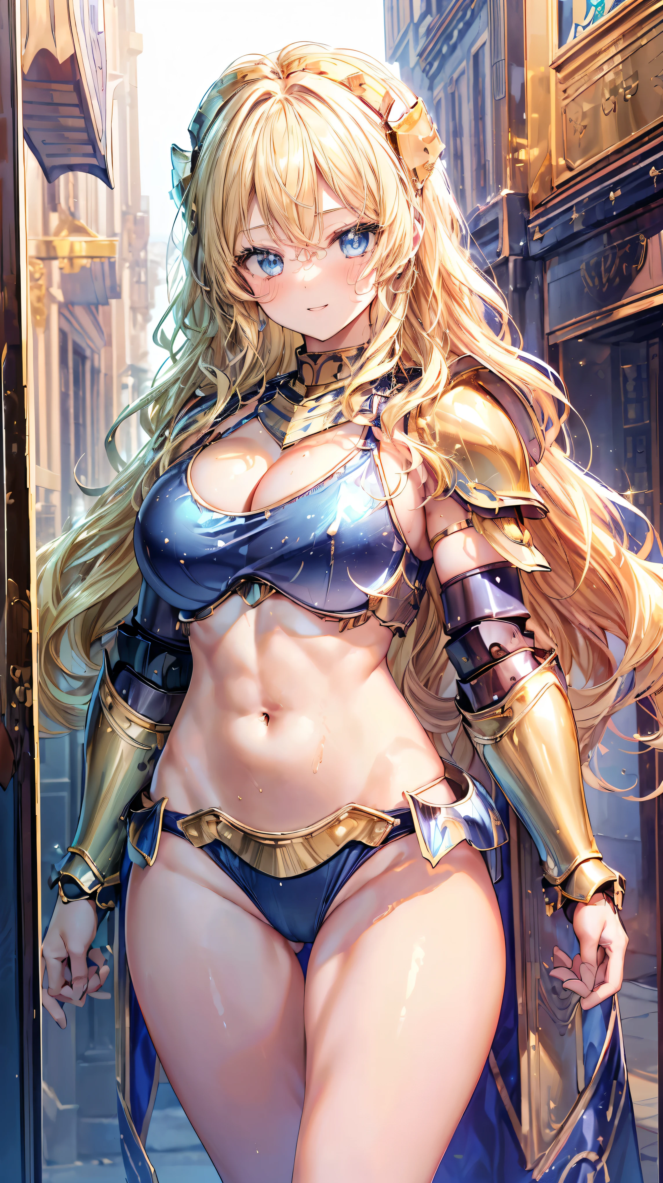 Very detailed、highest quality、Best image quality、masterpiece、8k、Anime Face、A kind smile、Open your mouth、Sparkling blue eyes、(Blonde wavy hair:1.5)、、Muscles of the whole body、camisole、Thigh belt、mini skirt、(Wearing gold bikini armor:1.5)、(Cowboy Shot:1.5)、(Leg armor:1.5)、sword