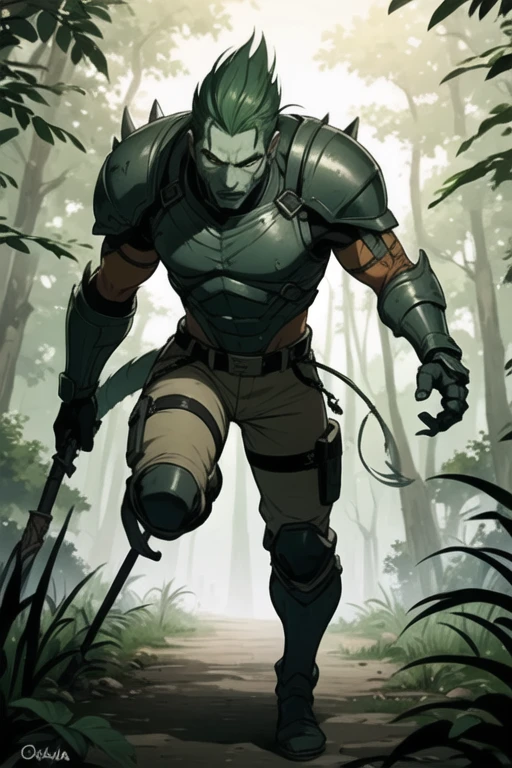 mejor calidad)), ((Obra maestra)), (detallado), cara perfecta (mejor calidad)), ((Obra maestra)), (detallado), reptilian, ((male,)) face, green punk hair, tactical suit, cyberpunk, jungle, weapons, future ,men, orange details, tail, running, beast, torn clothes, police, scales, jungle, forest trees, ((black armor,)) wild, dirty, savage, ferocious, bestial, skin visible, claws, jungle warrior, predator,,((brown tactical pants,)) camuflaje, reptil scales, black armor, Blades,weapons, spear, different poses, multiple angles,