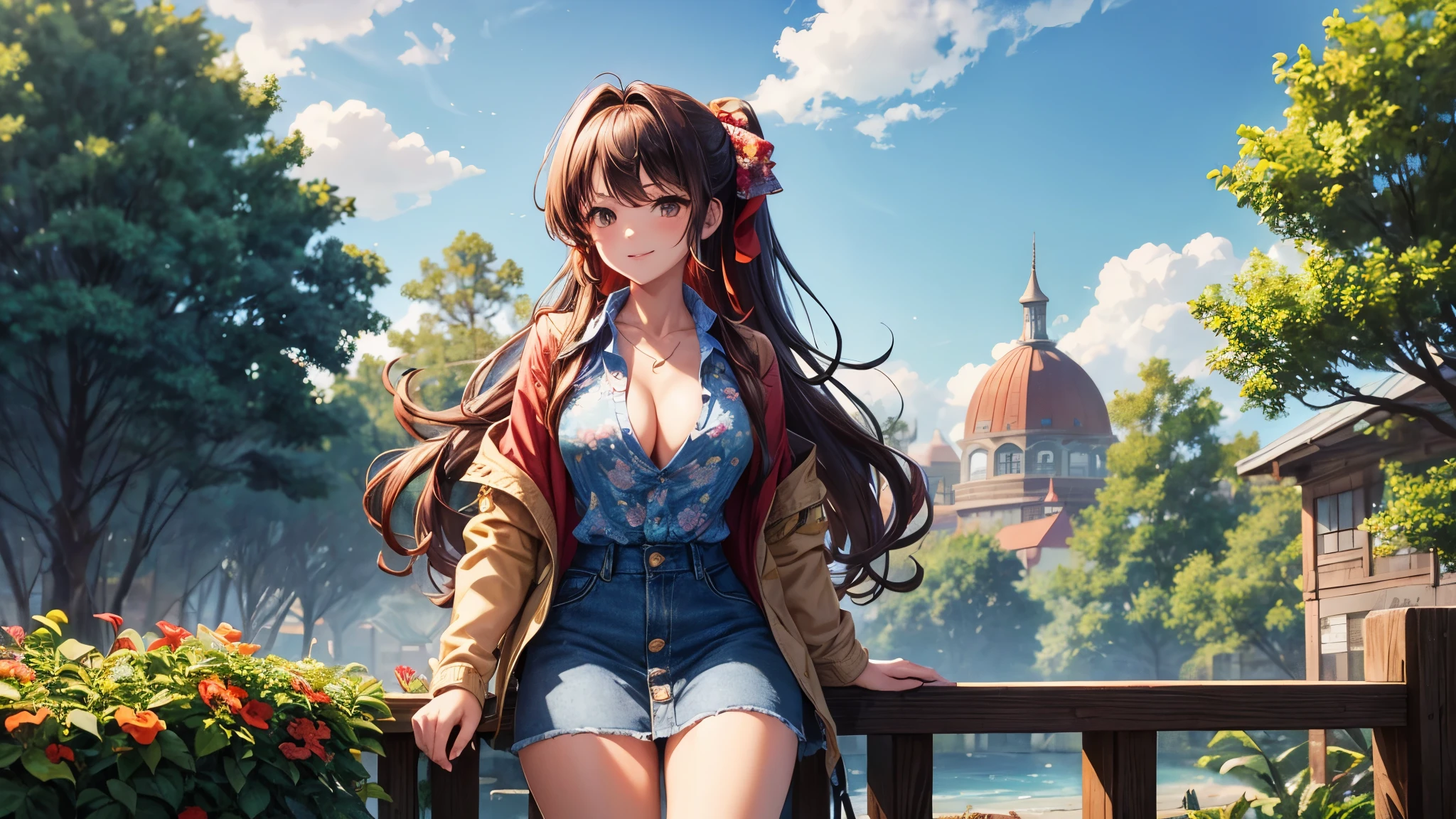 1girl, full body, summer, village, trees, sun, clouds, ((colorful hair)), long hair, curly hair, ponytail, large breasts, button down shirt, ((blue floral pattern shirt)), ((unbuttoned shirt)), unbuttoning buttons, popping buttons, cleavage 1:3, brown eyes, ((opened denim jacket)), ((red black skirt)), smile, looking at the viewer, touching neck, standng, hair ribbon, golden necklate