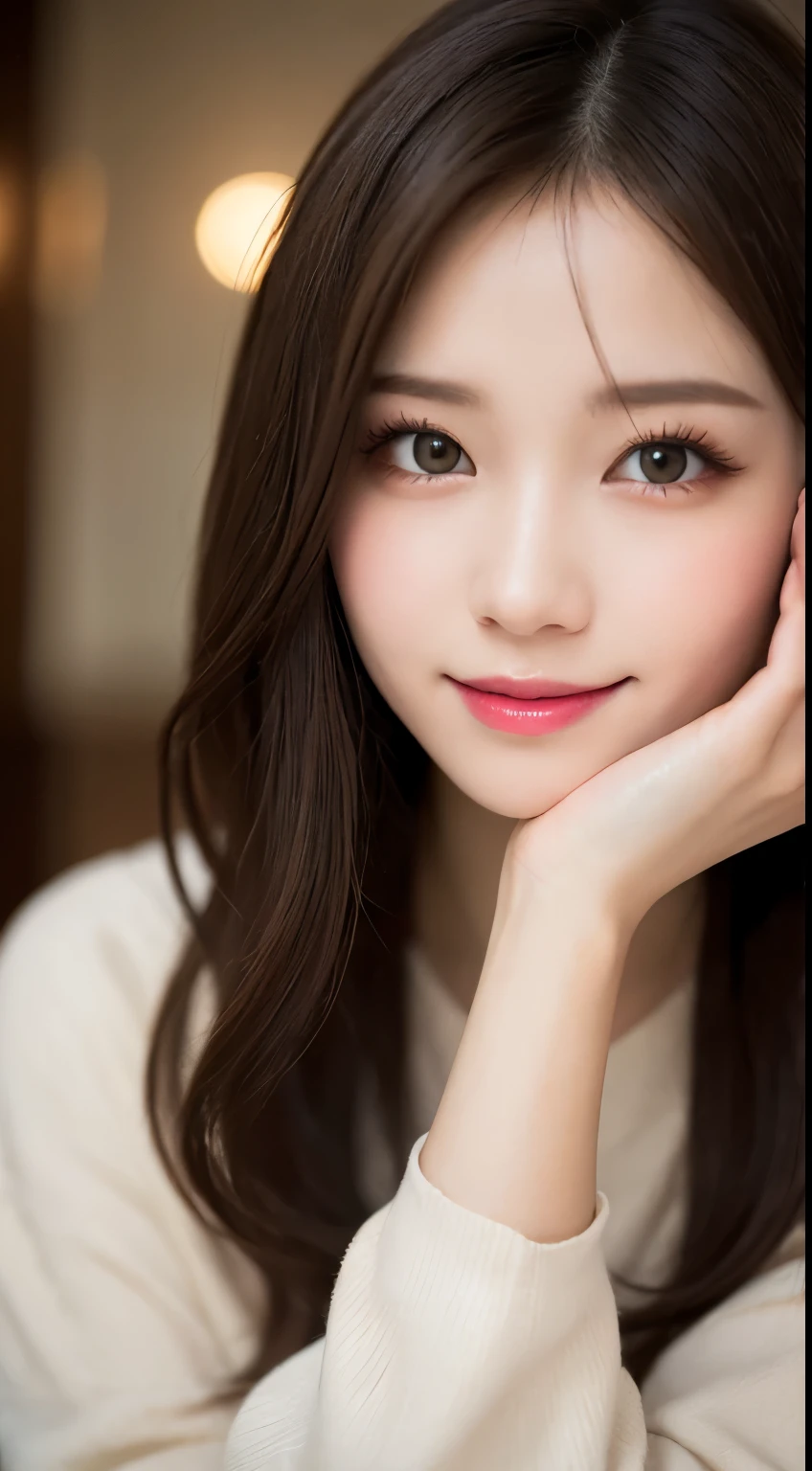 Tabletop, highest quality, shape, Very detailed, finely, High resolution, 8k wallpaper, 完璧なダイナミックな構shape, Beautiful and detailed,ランダムなcute髪,,Natural color lip, Bold sexy pose,smile、20-year-old girl、cute、Looking at the camera,Always blur the background,Perfect and beautiful face,Slim face and figure,Big eyes、Putting on gal makeup,Small face,Shooting from below、smile,Blurred Background,Elegant feminine face、Cyberpunk Fashion、smile