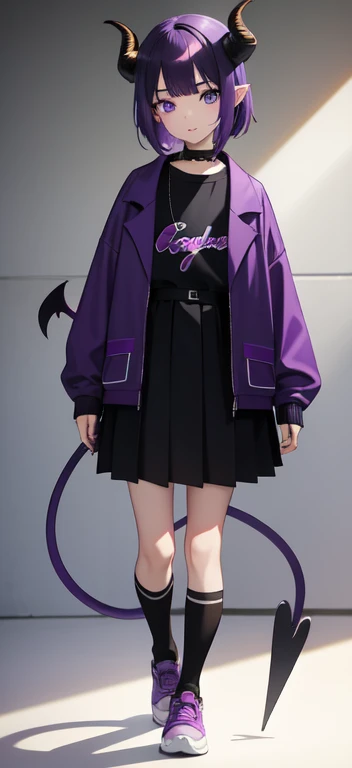  girl, short, demon horns and tail, purple hair, pale skin, Asian appearance, black and purple mid length skirt, Black T-shirt, purple jacket, black socks, black and purple sneakers, goat eyes, Blue eyes 