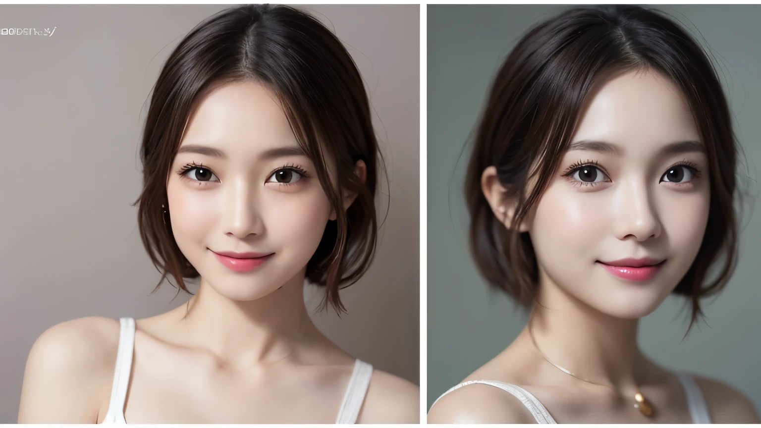 One Girl, (Dress in trendy fashion:1.2), (RAW Photos, highest quality), (Realistic, Photorealistic:1.4), Tabletop, Very delicate and beautiful, Very detailed, 2k wallpaper, wonderful, In detail, Very detailedな CG Unity 8K 壁紙, Very detailedな, High resolution, Soft Light, Beautiful detailed girl, looking at the camera、Very detailedな目と顔, Beautifully detailed nose, Beautiful fine details, short hair, small, High-brand dresses、White background、Background is white、Cinema Lighting, Perfect Anatomy, Slender body, smile, 