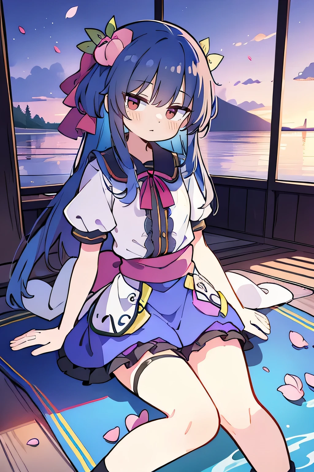 (best quality, masterpiece:1.2), expressive eyes, perfect face, 1 girl, hands on waist, beautiful, gorgeous, Japanese animation, Lola, Hinamori Angel, blue hair, floating clothes, waist grab, waist grab, hands on hips, sitting, sitting on the ground, legs on the ground, flat-chested, falling petals, sitting in a pavilion, pavilion,sunrise,Petals fall,