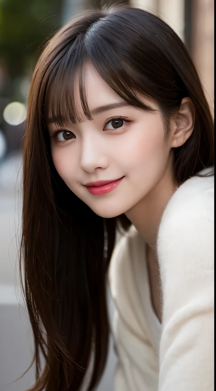 Tabletop, highest quality, shape, Very detailed, finely, High resolution, 8k wallpaper, 完璧なダイナミックな構shape, Beautiful and detailed,ランダムなcute髪,,Natural color lip, Bold sexy pose,smile、20-year-old girl、cute、Looking at the camera,Always blur the background,Perfect and beautiful face,Slim face and figure,Big eyes、Putting on gal makeup,Small face,Shooting from below、smile,Blurred Background,Elegant feminine face、Cyberpunk Fashion、smile