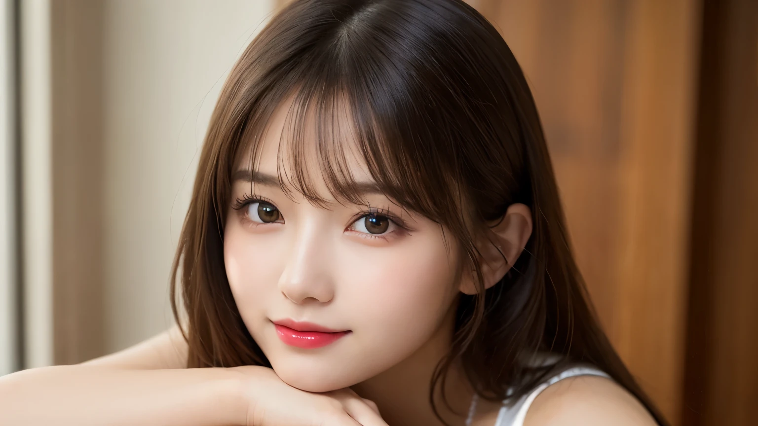 On the table, best quality, shape, Ultra Detailed, Finely, high resolution, 8k wallpaper, 完璧なダイナミックな構shape, Beautiful and delicate eyes, Medium Length Hair, Small Breasts, Natural lipstick, Casual sexy pose,Smile,20 year old girl、midnight、Beautiful and detailed face、Perfect beautiful face,big eyes、original photo、Expressing female posture using the whole body、Beautiful and delicate eyes、Small face、Beautiful duplex、Facelift and style,skirt、Beautiful golden ratio face,Long hair