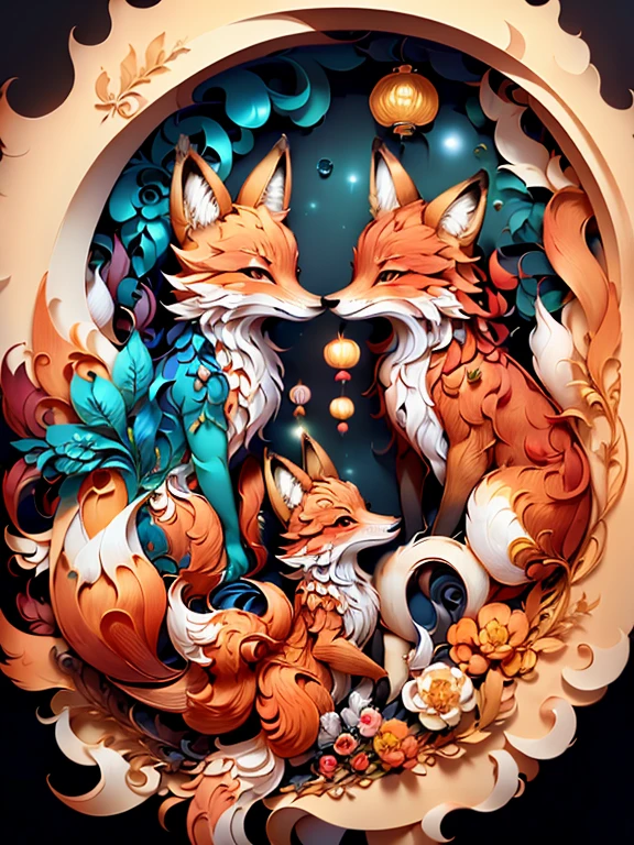 masterpiece,best quality,A piece of paper drawing,Beautiful Chinese fairy and fox together,