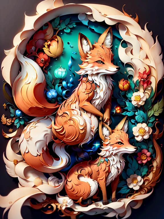 masterpiece,best quality,A piece of paper drawing,Beautiful Chinese fairy and fox together,