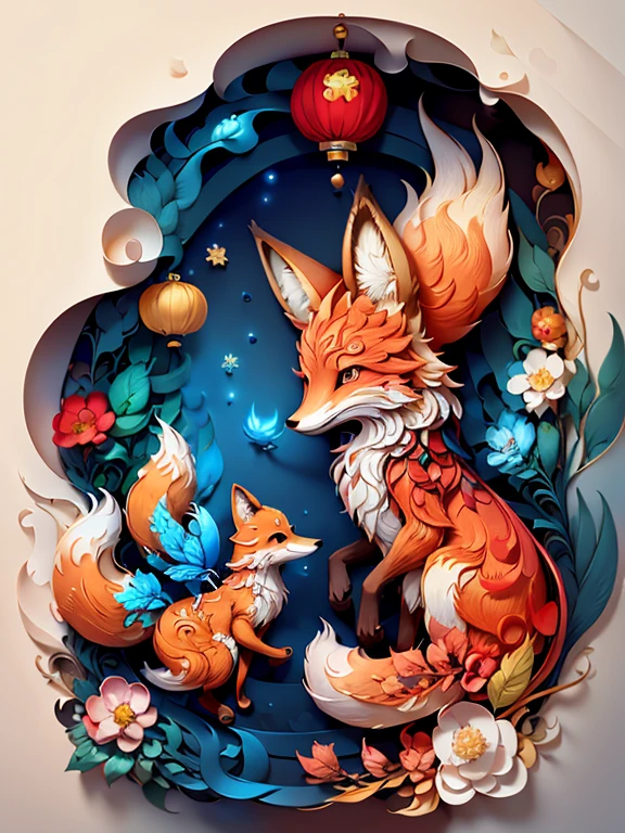 masterpiece，best quality，A piece of paper drawing，Beautiful Chinese fairy and fox together，