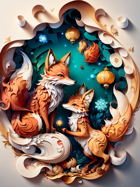 masterpiece，best quality，A piece of paper drawing，Beautiful Chinese fairy and fox together，