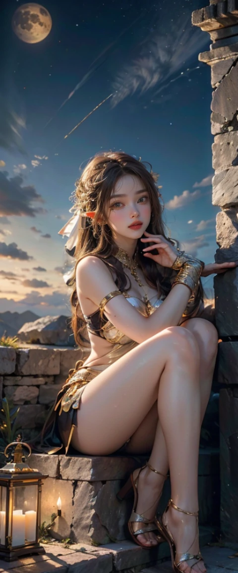 attractive goddess，The facial features are extremely beautiful，Body shape is slim，Sense of character，long legs，big chest，long haired redhead，curls，Lie down in the flowers，artistic pose，Grand Canyon in the background，rios，Great ancient palaces，strange sky，Flying saucer，Singular clouds，Close-up after sunset, big buttocks, open legs