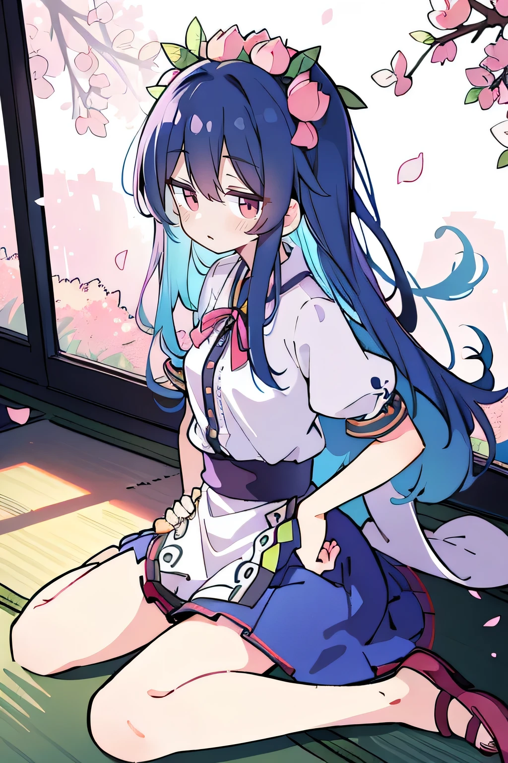 (best quality, masterpiece:1.2), expressive eyes, perfect face, 1 girl, hands on waist, beautiful, gorgeous, Japanese animation, Lola, Hinamori Angel, blue hair, floating clothes, waist grab, waist grab, hands on hips, sitting, sitting on the ground, legs on the ground, flat-chested, falling petals, sitting in a pavilion, pavilion,sunrise,Petals fall,