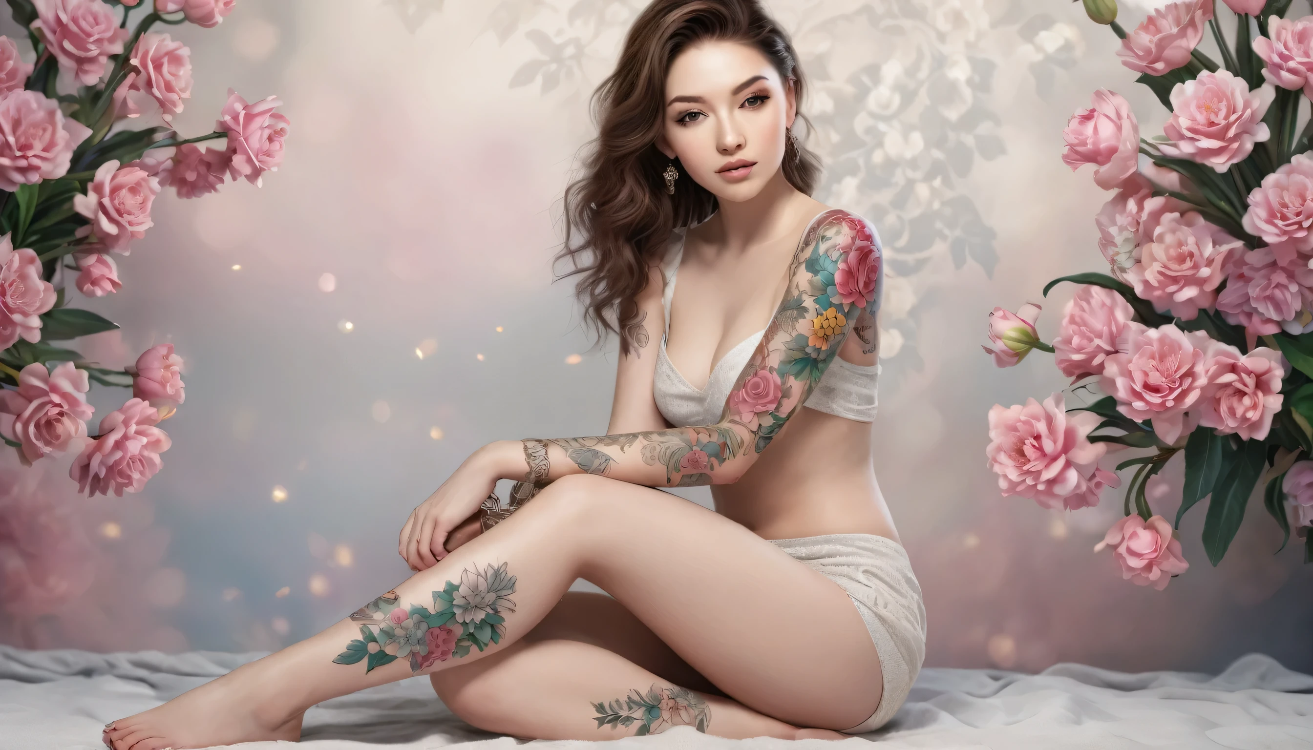 A exceptionally beautiful elegant women, 20 years old, Tattoo, The background is flower, Artistic style, Full body shot, shot from feet to head, 3d photolistic,3d realistic,32k,hyper detail,ultra realistic,grossy skin ,soft lighting