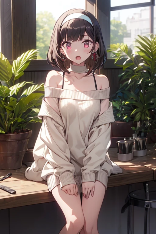 masterpiece, yor, 1girl, solo, looking at viewer, open mouth, black hair, red eyes, dress, bare shoulders, jewelry, collarbone, sidelocks, hairband, earrings, indoors, off shoulder, :o, sweater, arms behind back, plant, short hair with long locks, white hairband, off-shoulder dress, sweater dress, off-shoulder sweater, red sweater, big side hair, very long side hair,is rendered in (masterpiece: 1.2, best quality), with (ultra high resolution) and an exquisite (depth of field). This masterpiece is not only visually stunning but also tells
