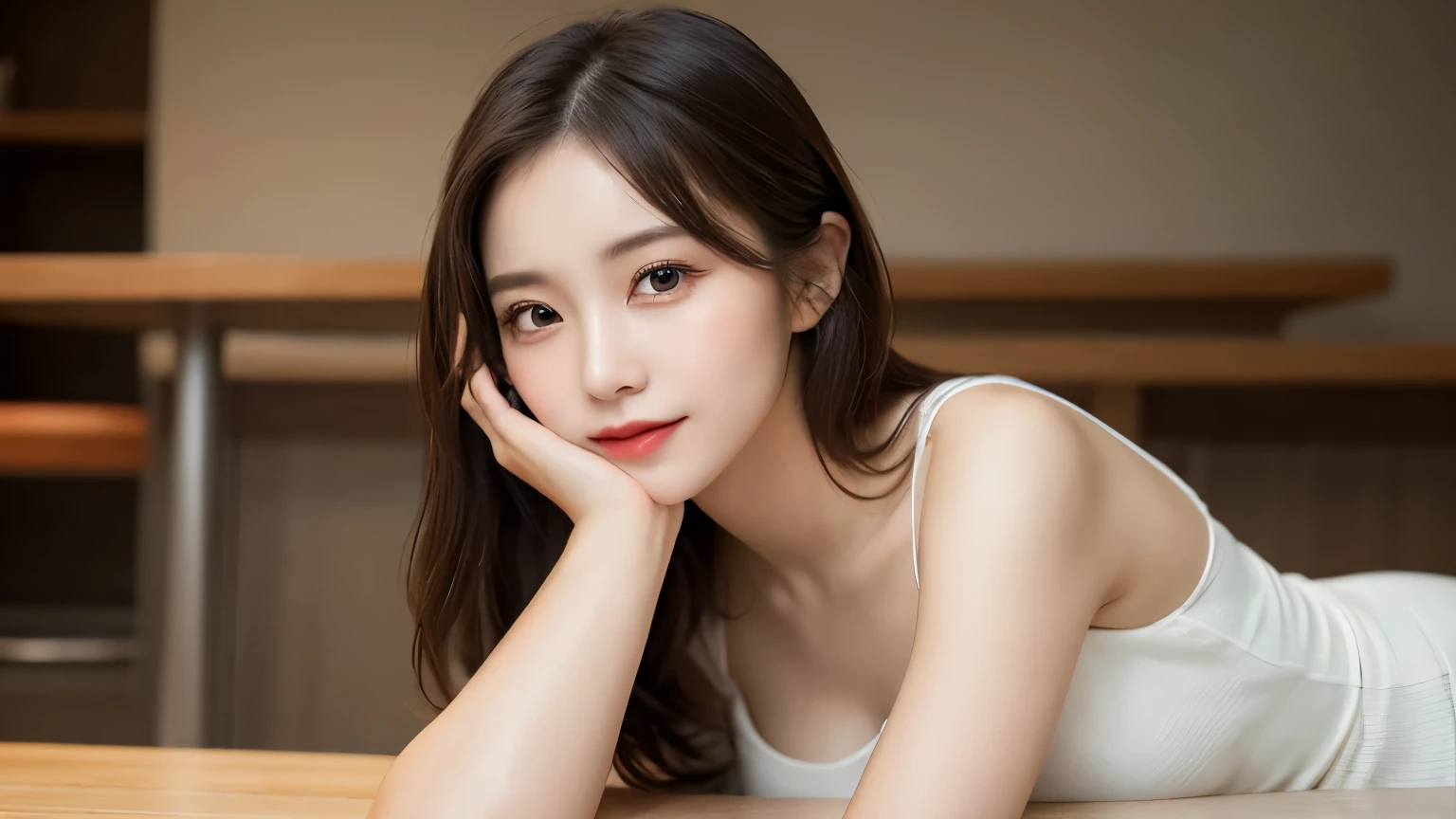 On the table, best quality, shape, Ultra Detailed, Finely, high resolution, 8k wallpaper, 完璧なダイナミックな構shape, Beautiful and delicate eyes, Medium Length Hair, Small Breasts, Natural lipstick, Casual sexy pose,Smile,20 year old girl、midnight、Beautiful and detailed face、Perfect beautiful face,big eyes、original photo、Expressing female posture using the whole body、Beautiful and delicate eyes、Small face、Beautiful duplex、Facelift and style,skirt、Beautiful golden ratio face,Long hair