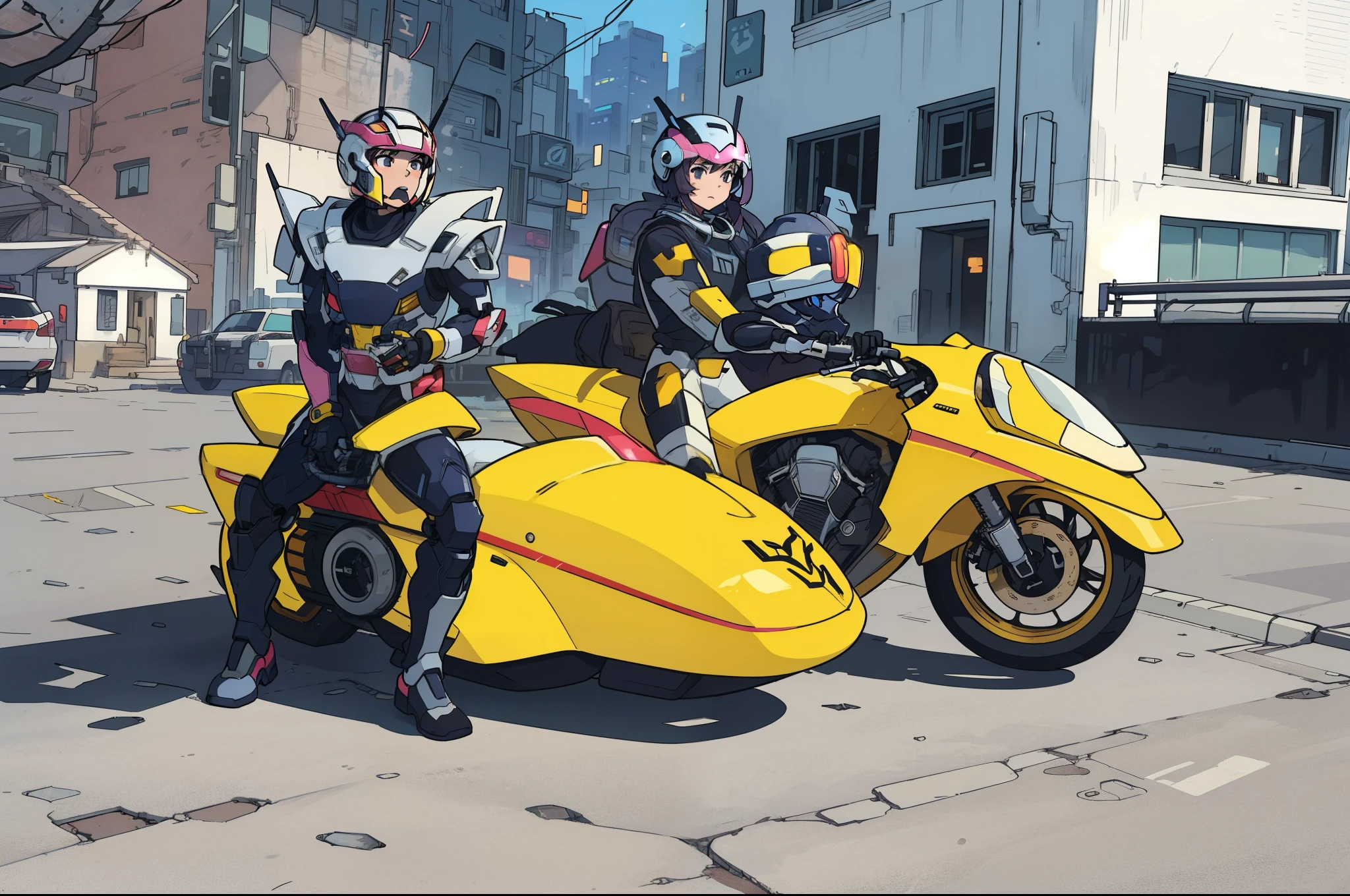 highest quality, Anime Style, Wearing a pink and white mecha, Wearing a mecha helmet, Riding on motorcycle, Small Face、The background is a futuristic city high tech lighting scene.