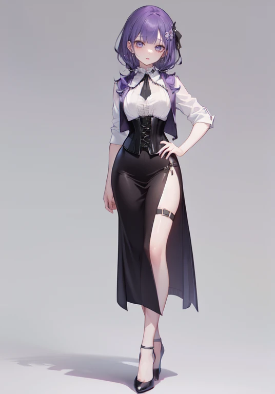 ((Perfect Face)),Purple Hair,Shortcuts,Adult female,bartender,((Body Harness)),((I rolled up my sleeves.Yshirt)),tie,Black vest,((corset)),(skirt)((slit)),(High heels),((Simple Background)),smile,((whole body)),((Full Body)),((full body))Character portrait,((upright)),Standing upright with arms down