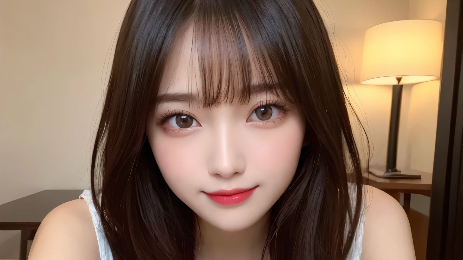 on the table, best quality, shape, Super detailed, Finely, high resolution, 8k wallpaper, 完璧なダイナミックな構shape, Beautiful and delicate eyes, Medium Length Hair, Small Breasts, Natural lipstick, Casual sexy pose,Smile,20 year old girl、midnight、Beautiful and detailed face、Perfect beautiful face,big eyes、original photo、Use the whole body to express female posture、Beautiful and delicate eyes、Small face、Beautiful duplex、Facelift and style,skirt、Beautiful golden ratio face,Long hair