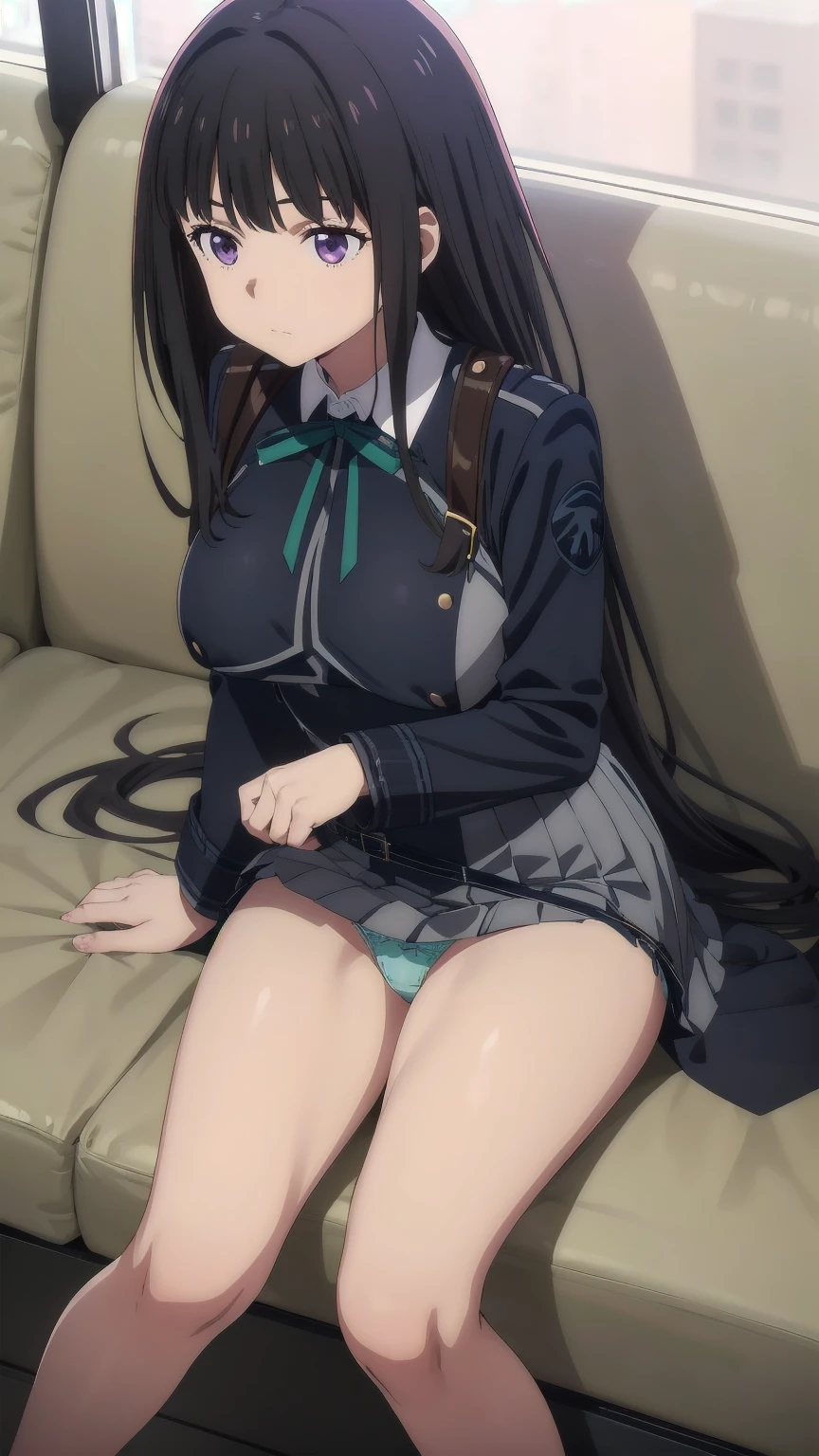 (((Pixel Perfect, Perfect detail))), (1 Girl, solo), takina inoue, long hair, bangs, black hair, (purple eyes:1.2), shirt, long sleeves, dress, ribbon, , white shirt, collared shirt, belt, neck ribbon, blue dress, green ribbon, pleated dress, grey dress, two-tone dress, blue belt, lycoris uniform, Sitting, (between breast:1.3), (Showing panties:1.3), whole body