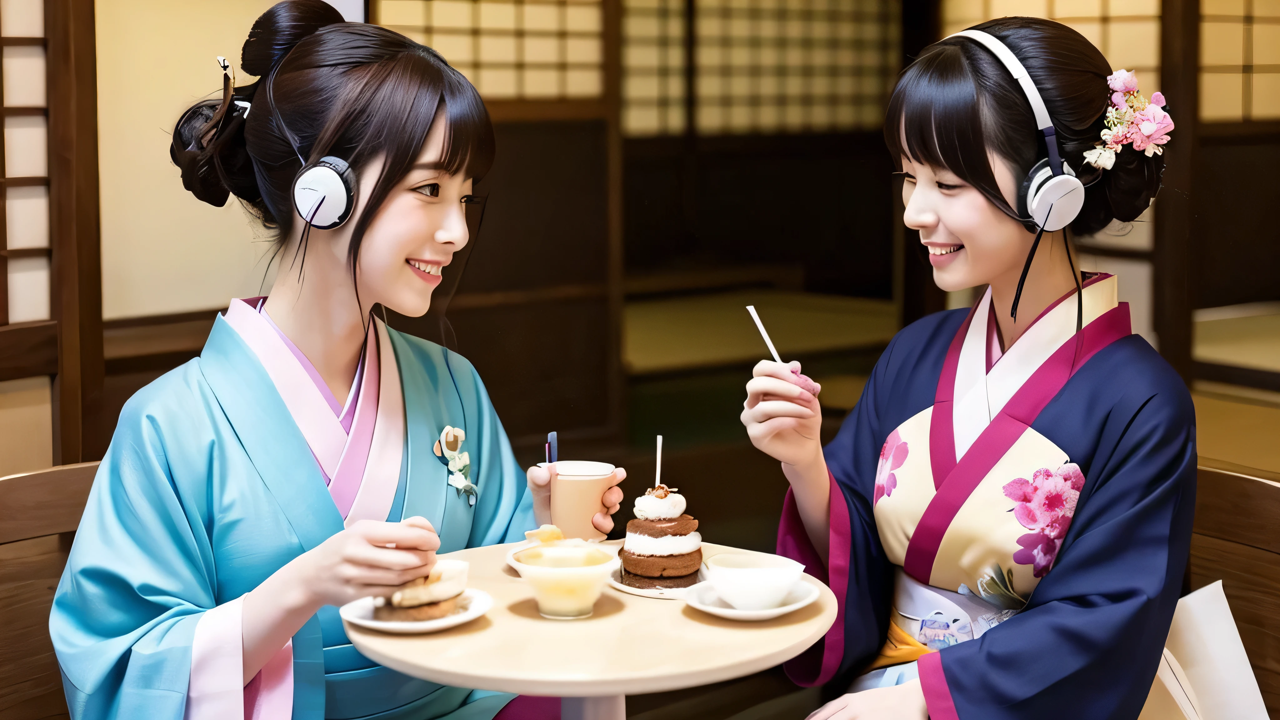 A beautiful girl in a kimono is enjoying cake and coffee with headphones in Kyoto　Japanese anime style
