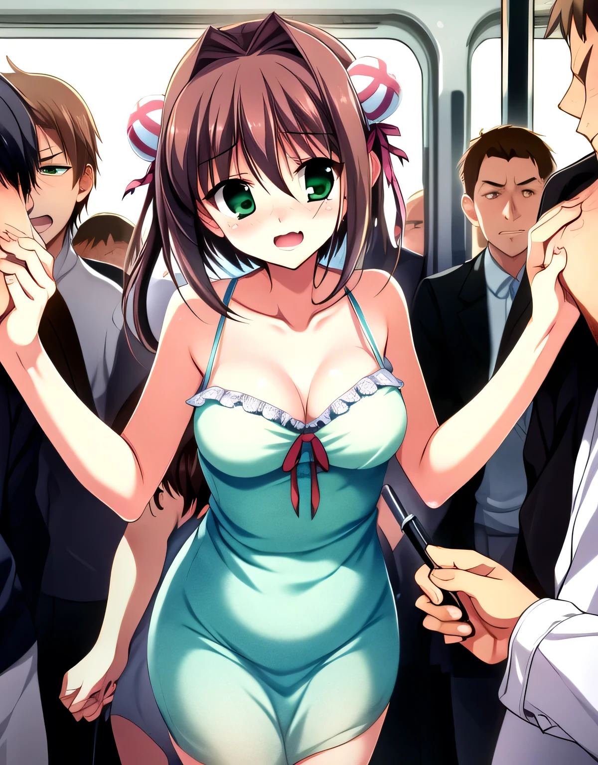 asakura_yume,(((woman1people))),Brown Hair,Normal chest,Aqua Eye,White skin,((((Are standing)))),(((((green_Summer Dresses))))),((valley)),No bra,((smile)),nsfw,(((crowded train))),((Multiple men)),((Are standing)),(((By Meng_Surrounded by middle-aged men molesting))),(((((((By Meng_Being stared at by a pervert))))))),((((Bust up shot)))),
